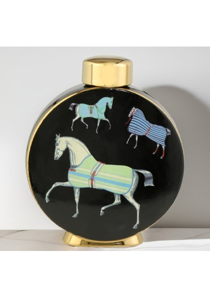 Le Atölye Horse Yuvarlak Vazo Siyah Gold 28 cm