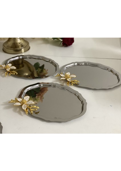 20*25 cm Çelik Oval 3 Adet Servis ve Sunum Tepsisi Büyük Çiçekli