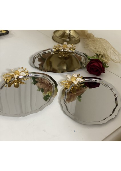 20*25 cm Çelik Oval 3 Adet Servis ve Sunum Tepsisi Büyük Çiçekli
