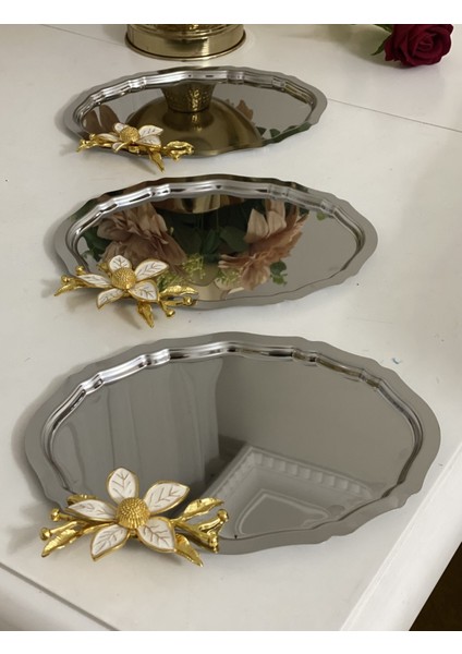 20*25 cm Çelik Oval 3 Adet Servis ve Sunum Tepsisi Büyük Çiçekli