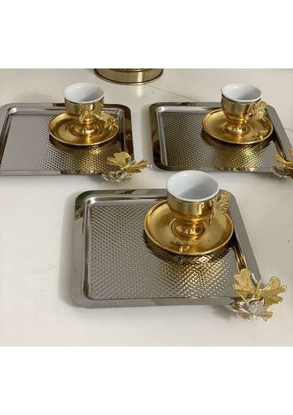 Paslanmaz Çelik Kare Kelebekli 6 Lı Sunum Tepsisi Nokta Desenli