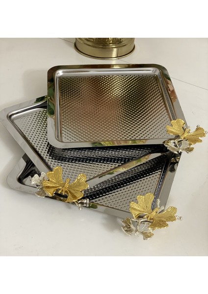 Paslanmaz Çelik Kare Kelebekli 6 Lı Sunum Tepsisi Nokta Desenli fiyatları