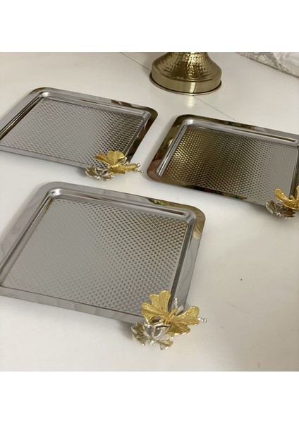 Paslanmaz Çelik Kare Kelebekli 6 Lı Sunum Tepsisi Nokta Desenli modelleri