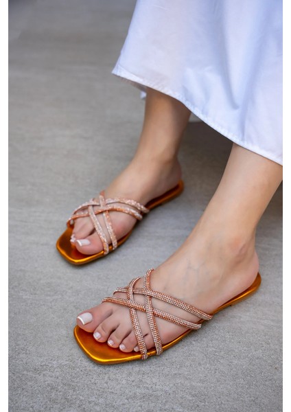 Ress Turuncu Çapraz Bağlı Taş Detaylı Kadın Düz Terlik modelleri
