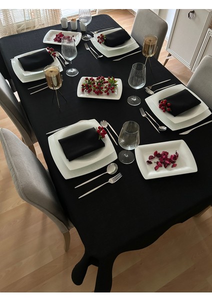 Meral Kurşun Collection Linen Keten Masa Örtüsü Siyah 13 Parça