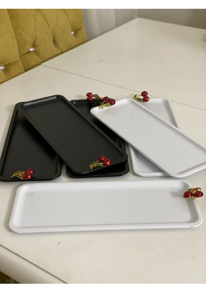 Siyah ve Beyaz Dikdörtgen Model 6 Lı Sunum Tepsi Kirazlı