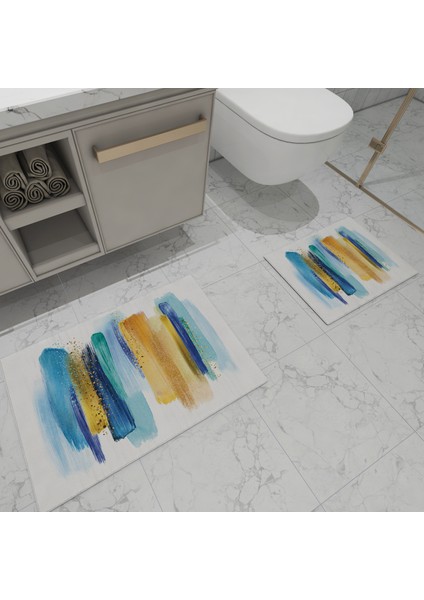 Banyo Paspas Takımı Mavi Çizgi Sarı Boyalı Desenli 2'li 3D Dijital Baskılı