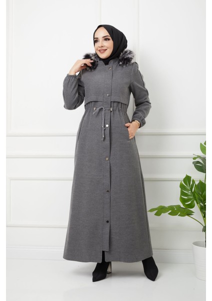 Kadın Yeni Sezon Boydan Fermuarlı Tam Boy Kaşmir Kapşonu Kürklü Uzun Kaşe Pardesü Mont Kaban