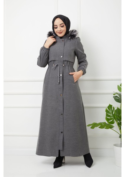 Kadın Yeni Sezon Boydan Fermuarlı Tam Boy Kaşmir Kapşonu Kürklü Uzun Kaşe Pardesü Mont Kaban fiyatları