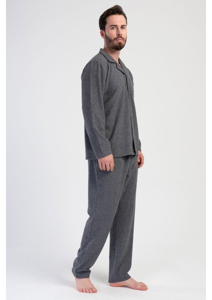Erkek Uzun Kol Önden Düğmeli Siyah Pijama Takım C6T3N0O204