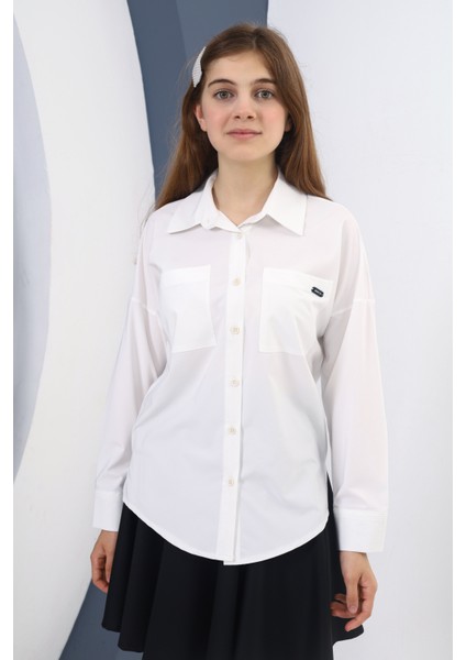 Beyaz Oversize Cepli Kız Çocuk Gömlek