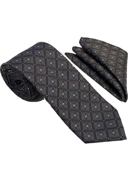 Kahverengi Kare Motif Desen Kravat Mendil Set