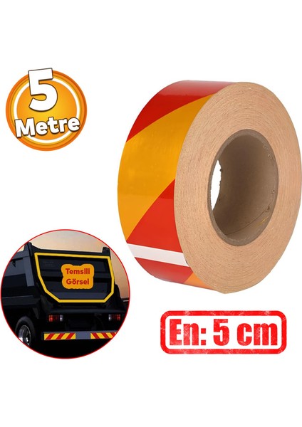 Reflektörlü Yapışkanlı Parlayan Fosfor Sarı Kırmızı Reflektif Düz Şerit Bant 5 cm 5 mt Ikaz Bandı
