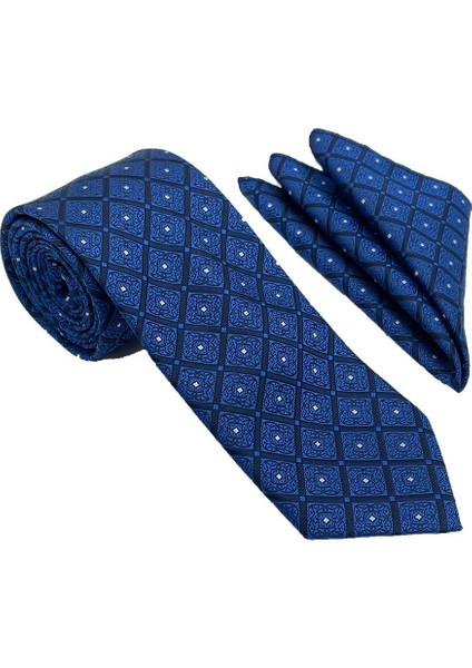 Mavi Lacivert Beyaz Kare Motif Desen Kravat Mendil Set