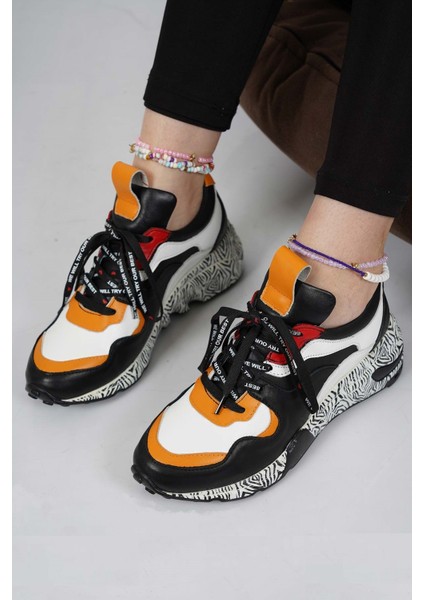 Deri Siyah-Hardal-Beyaz-Kırmızı Kadın Sneaker Ayakkabı 202110108