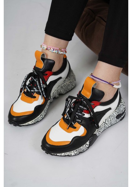 Deri Siyah-Hardal-Beyaz-Kırmızı Kadın Sneaker Ayakkabı 202110108 modelleri
