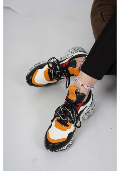 Deri Siyah-Hardal-Beyaz-Kırmızı Kadın Sneaker Ayakkabı 202110108 fiyatları