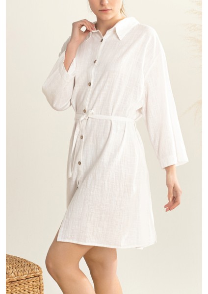 Kadın Günlük ve Yazlık Midi Boy Kemerli Beyaz Gömlek Elbise fiyatları