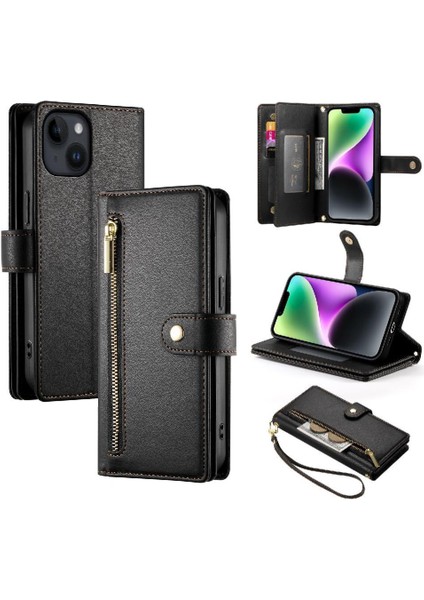 IPhone 14 Bilek Kayışı Kickstand Çok Fonksiyonlu Kart Yuvaları Için Flip Case (Yurt Dışından)