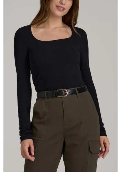 Kadın Siyah Uzun Kollu Kare Yaka T-Shirt Bluz Kaşkorse Fitilli