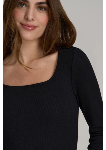 Kadın Siyah Uzun Kollu Kare Yaka T-Shirt Bluz Kaşkorse Fitilli modelleri