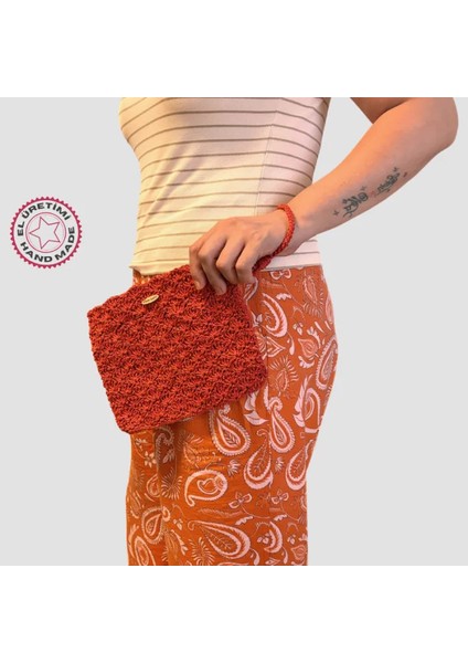 El Yapımı Desenli Kağıt Ip Clutch Çanta 19CM - Kırmızı