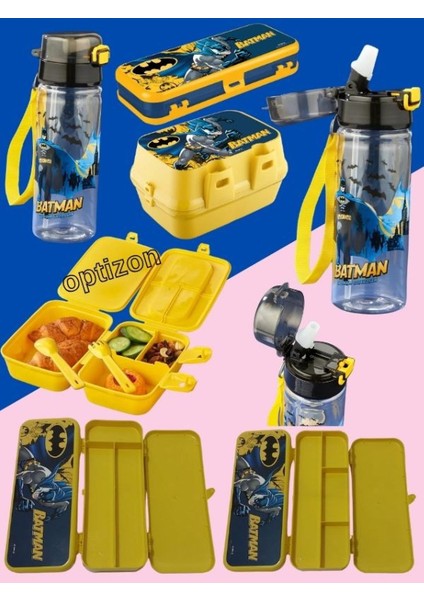 Batman 3'lü Kırtasiye Seti 4 Bölmeli Beslenme Kutusu, Sızdırmaz Matara, 2 Katlı Kalemlik