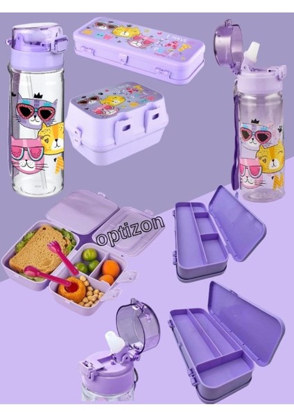 Meow 3'lü Kırtasiye Seti 4 Bölmeli Beslenme Kutusu, Sızdırmaz Matara, 2 Katlı Kalemlik