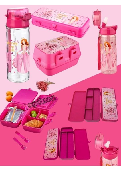 Prıncess 3'lü Kırtasiye Seti 4 Bölmeli Beslenme Kutusu, Sızdırmaz Matara, 2 Katlı Kalemlik