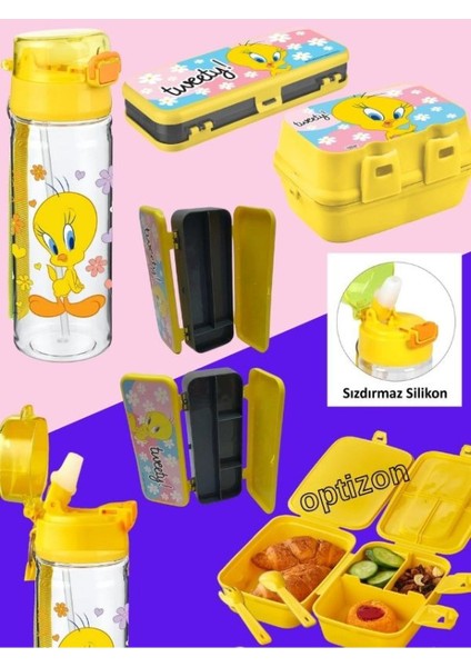 Tweety 3'lü Kırtasiye Seti 4 Bölmeli Beslenme Kutusu, Sızdırmaz Matara, 2 Katlı Kalemlik