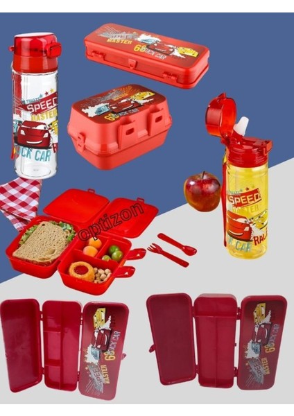 Araba 3'lü Kırtasiye Seti 4 Bölmeli Beslenme Kutusu, Sızdırmaz Matara, 2 Katlı Kalemlik