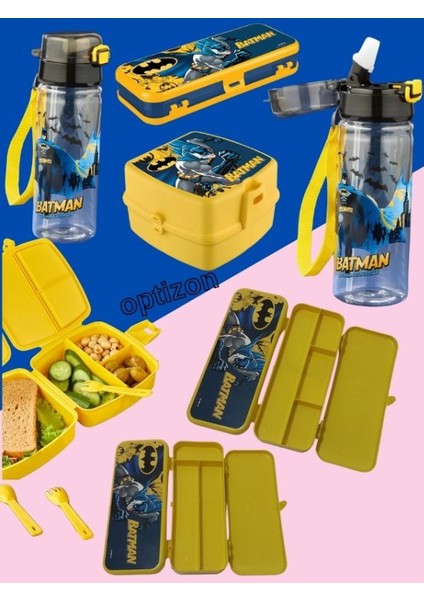 Batman 3'lü Kare Kırtasiye Seti 4 Bölmeli Kare Beslenme Kutusu, Sızdırmaz Matara, 2 Katlı Kalemlik