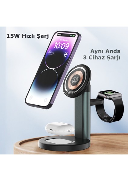 Manyetik 3 In1 15W Kablosuz Şarj Cihazı Standı Alüminyum Alaşım iPhone 15//14/13/12 Pro Max Pro Samsung S22/23/24 Ultra fiyatları