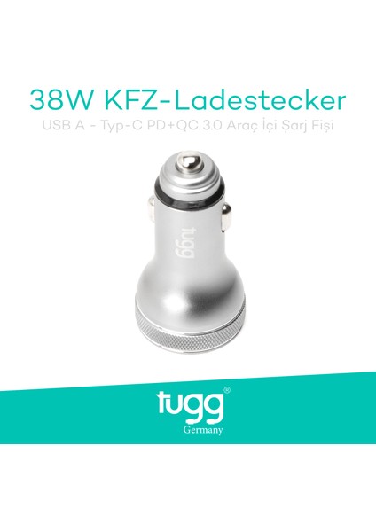 Araç Şarj Başlık 38W Isı ve Akım Korumalı Turbo Hızlı USB-Type-C Girişli 104500 KFZ