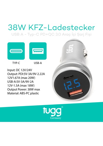 Araç Şarj Başlık 38W Isı ve Akım Korumalı Turbo Hızlı USB-Type-C Girişli 104500 KFZ