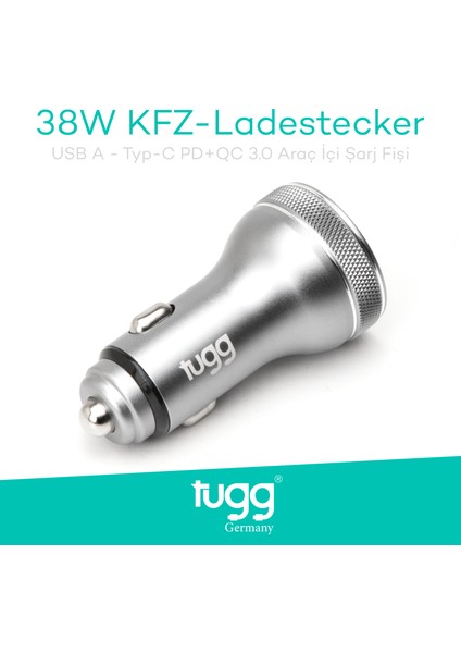 Araç Şarj Başlık 38W Isı ve Akım Korumalı Turbo Hızlı USB-Type-C Girişli 104500 KFZ