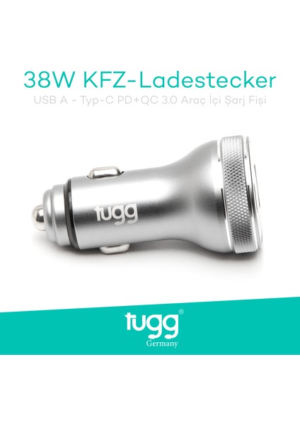 Araç Şarj Başlık 38W Isı ve Akım Korumalı Turbo Hızlı USB-Type-C Girişli 104500 KFZ