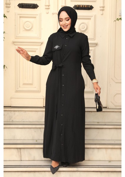 Düğmeli Siyah Tesettür Elbise 12504S fiyatları