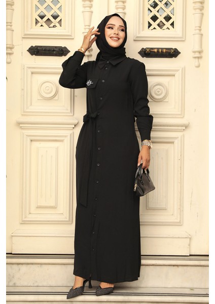 Düğmeli Siyah Tesettür Elbise 12504S modelleri