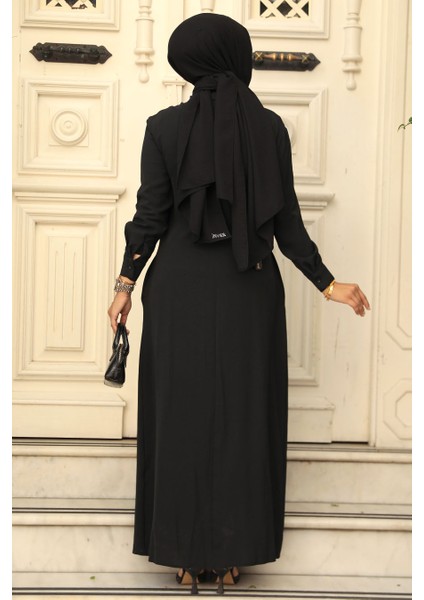 Düğmeli Siyah Tesettür Elbise 12504S fırsatları