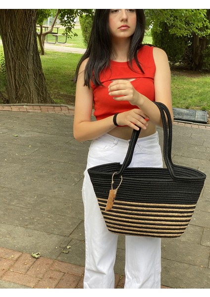 Jüt Hasır Görünümlü El Çantası Plaj Çantası Omuz Çantası