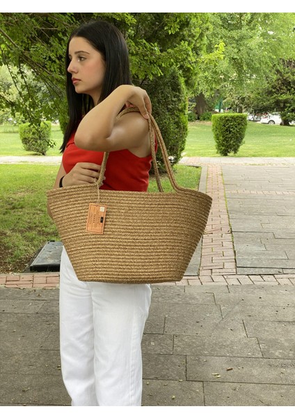 Jüt Hasır Görünümlü El Çantası Plaj Çantası Omuz Çantası