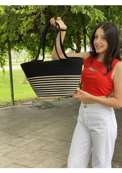Jüt Hasır Görünümlü El Çantası Plaj Çantası Omuz Çantası