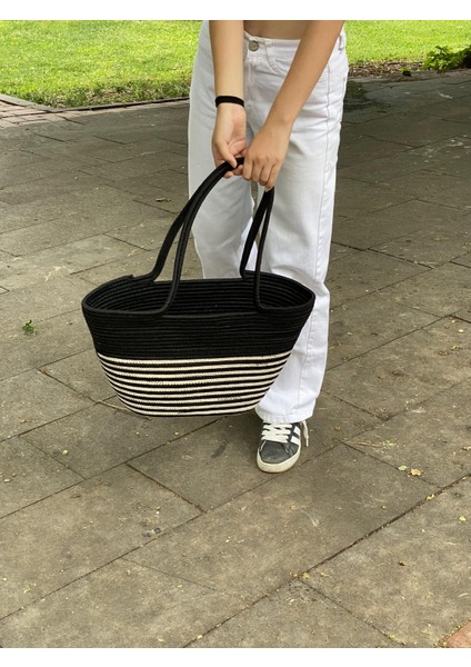 Jüt Hasır Görünümlü El Çantası Plaj Çantası Omuz Çantası