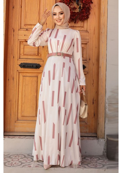 Desenli Gül Kurusu Tesettür Elbise 4645GK