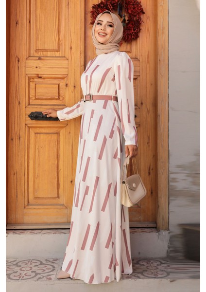 Desenli Gül Kurusu Tesettür Elbise 4645GK fiyatları