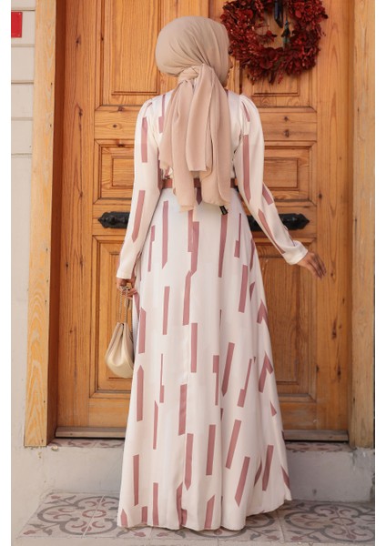 Desenli Gül Kurusu Tesettür Elbise 4645GK modelleri