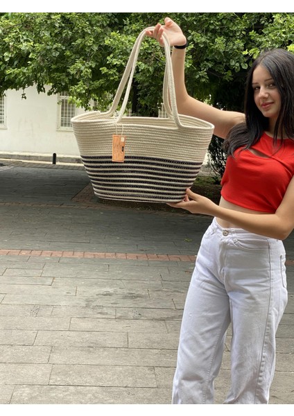 Jüt Hasır Görünümlü El Çantası Plaj Çantası Omuz Çantası