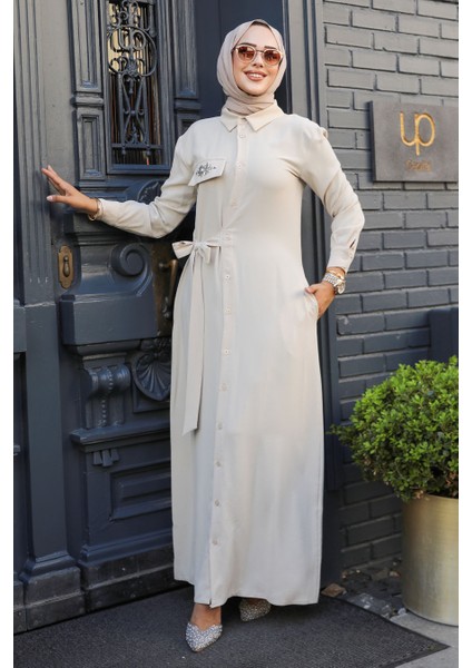 Düğmeli Bej Tesettür Elbise 12504BEJ