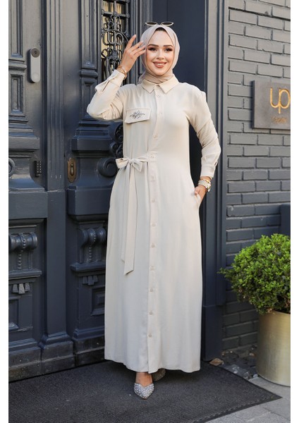 Düğmeli Bej Tesettür Elbise 12504BEJ fiyatları